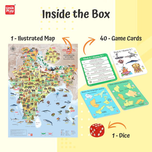 UnikPlay Geografika Map Game with Illustrated Map & 40 Game Cards – Learning with Fun for Kids Aged 6+ | Educational Geography Board Game for Children – Learn Fun Facts (India)
