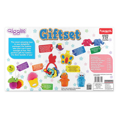 Giggles Funskool Gift Set Premium, Toy Set for Newborn Baby, Infants & Toddlers, Includes Rattle, Teether, Animals & Activity Toys With Development, Gift Set for Babies, Multicolor Age 3+ Months