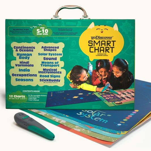 goDiscover Smart Chart with Talking Pen for Kids | 12 Interactive Self Reading Educational Learning Charts with Re-Recordable Stickers & Charger Cable for Age 5 to 10 Years Children