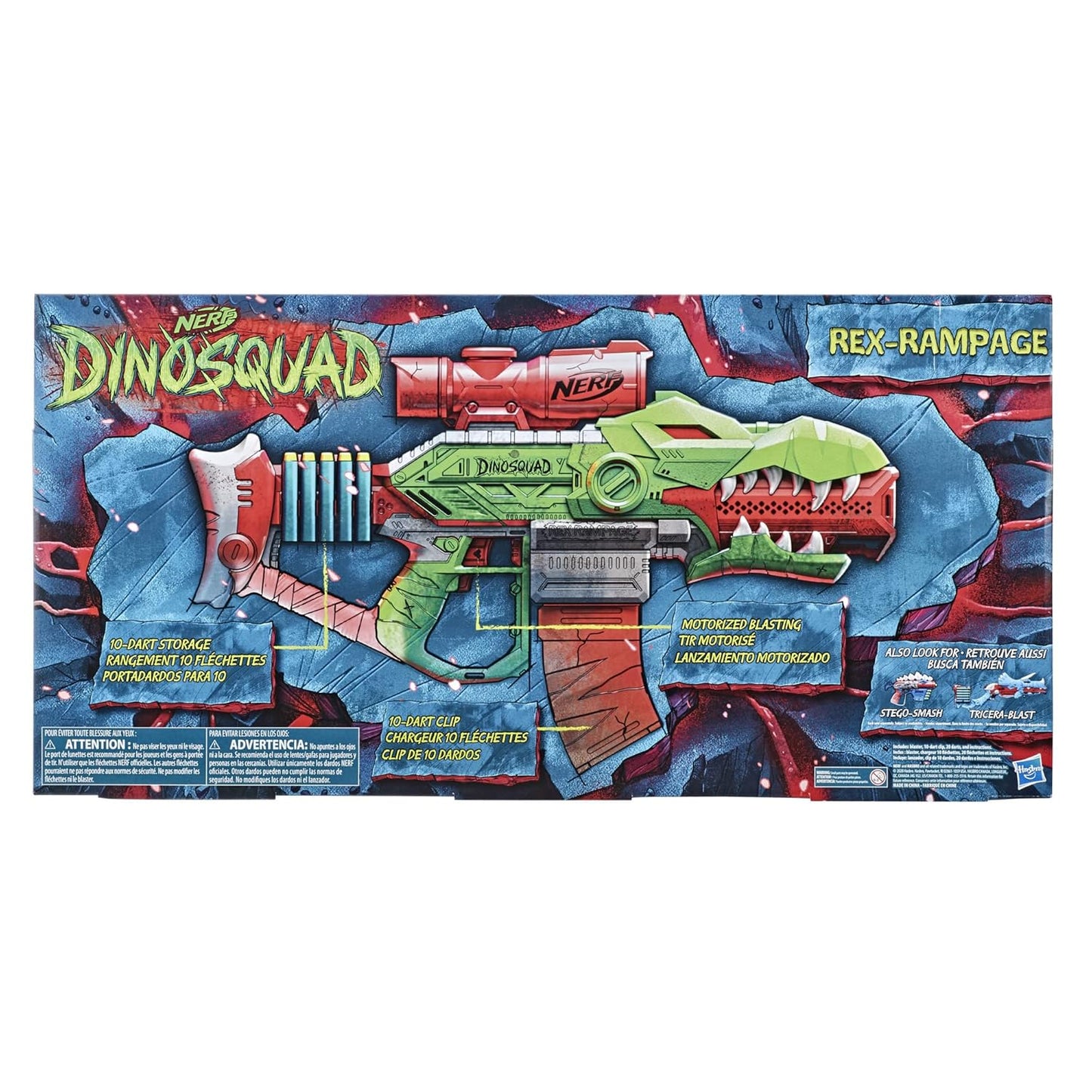 Nerf DinoSquad Rex-Rampage Motorized Dart Blaster, 10-Dart Clip, 20 Official Darts, 10-Dart Storage- T-Rex Dinosaur Design - Multicolor