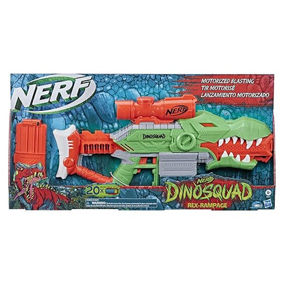 Nerf DinoSquad Rex-Rampage Motorized Dart Blaster, 10-Dart Clip, 20 Official Darts, 10-Dart Storage- T-Rex Dinosaur Design - Multicolor