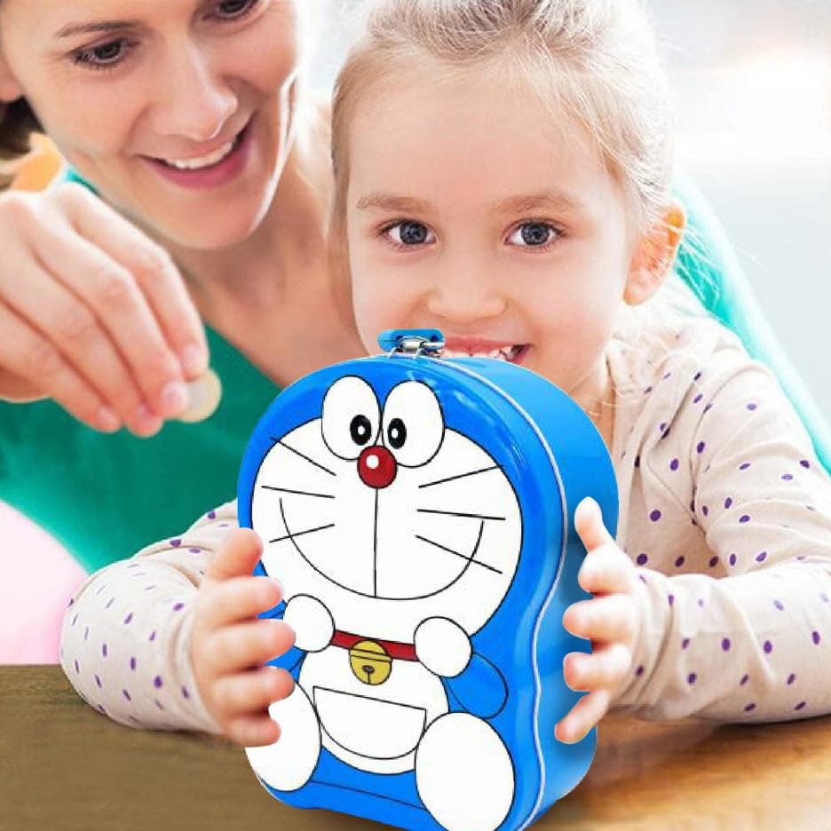 Doraemon Cartoon Piggy Bank for Kids – Tin Coin Saving Box with Lock