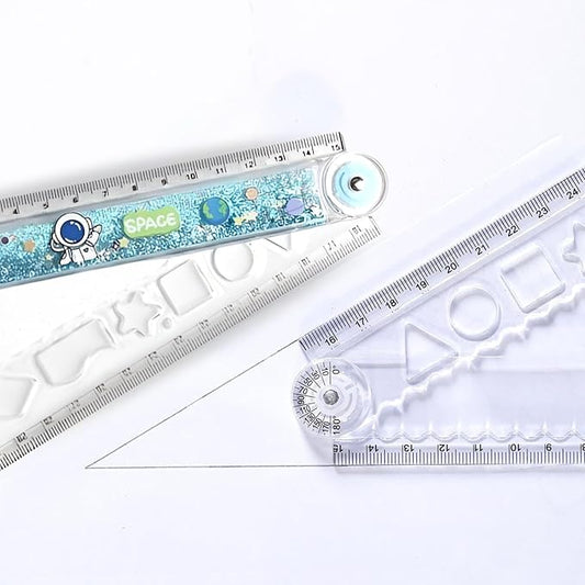 ShaRu Enterprises Kids Foldable Ruler Scale with Built-in Stencil, 30 cm to 15 cm | Multicolour, Durable Plastic, Ideal for School Use, Drawing, Geometry & Return Gifts for Boys and Girls | Pack of 2