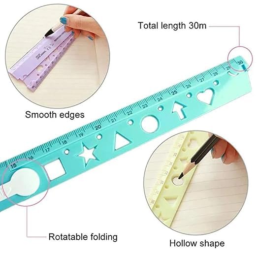 ShaRu Enterprises Kids Foldable Ruler Scale with Built-in Stencil, 30 cm to 15 cm | Multicolour, Durable Plastic, Ideal for School Use, Drawing, Geometry & Return Gifts for Boys and Girls | Pack of 2