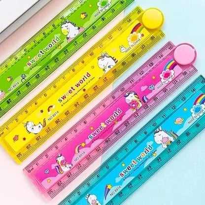 ShaRu Enterprises Kids Foldable Ruler Scale with Built-in Stencil, 30 cm to 15 cm | Multicolour, Durable Plastic, Ideal for School Use, Drawing, Geometry & Return Gifts for Boys and Girls | Pack of 2
