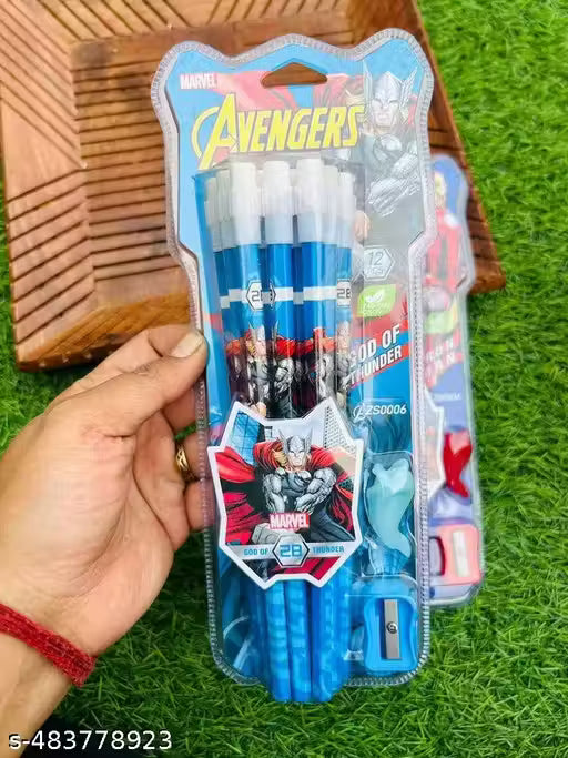 Marvel Avenger  24 pcs Pencil with top Eraser, Sharpener and Pencil Grip for Kids Random Print will come