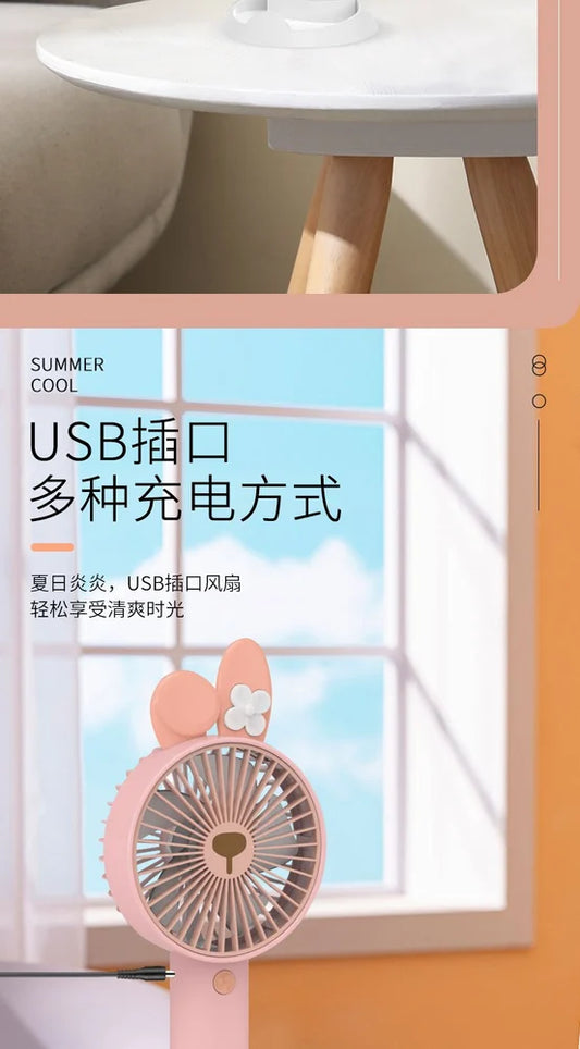 USB Hand Fan with Mobile Stand & Charging Cable Kawaii Theme Rechargeable 14 CM Compact & Portable