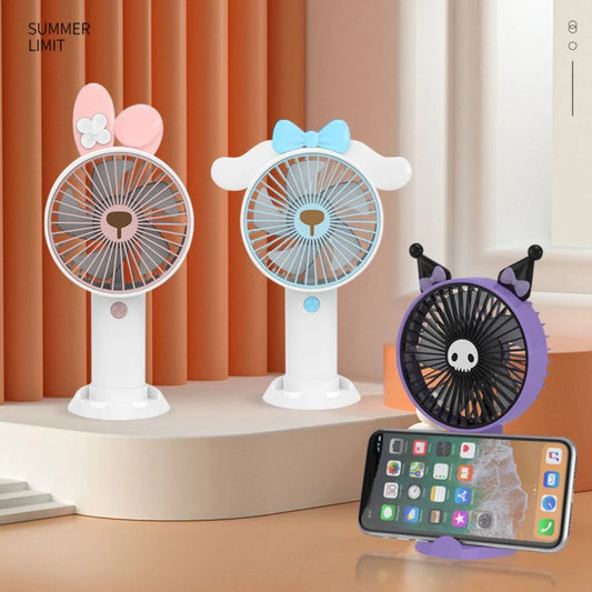 USB Hand Fan with Mobile Stand & Charging Cable Kawaii Theme Rechargeable 14 CM Compact & Portable