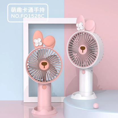 USB Hand Fan with Mobile Stand & Charging Cable Kawaii Theme Rechargeable 14 CM Compact & Portable