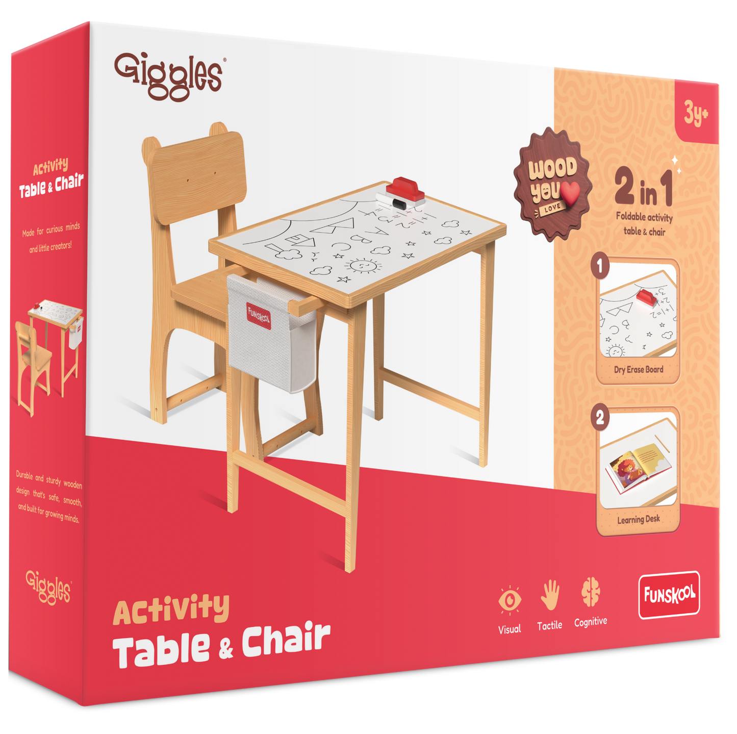 Funskool Giggles 2-in-1 Wooden Activity Table & Chair Set for Kids Ages 3+