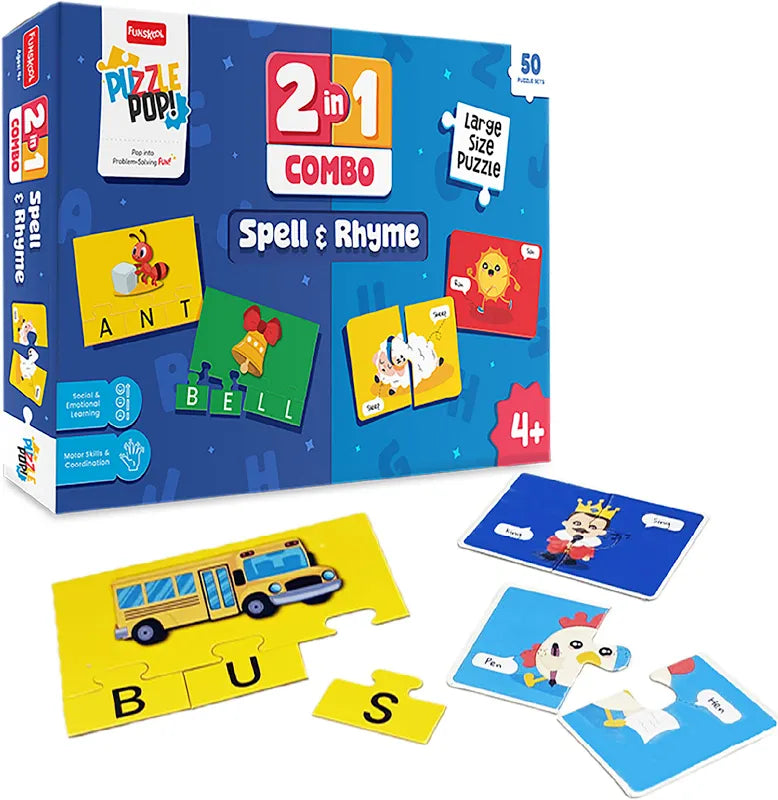 Funskool Puzzle Pop! 2-in-1 Spell & Rhyme Combo – 50 Large Puzzles for Kids Ages 4+