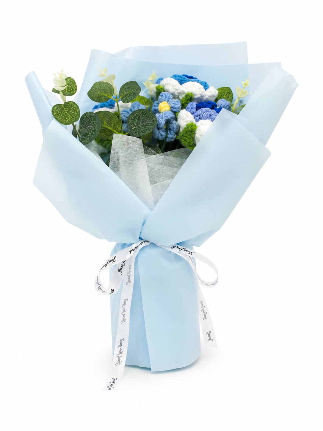 Handmade Crochet Blue Flower Bouquet with Ribbon