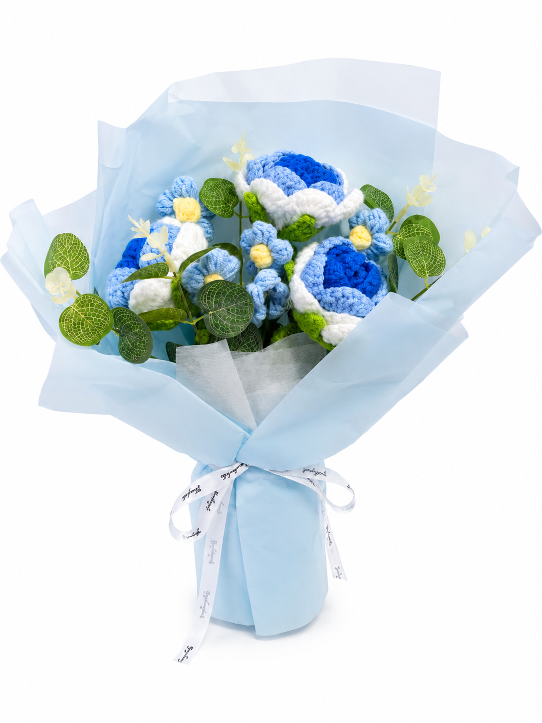 Handmade Crochet Blue Flower Bouquet with Ribbon