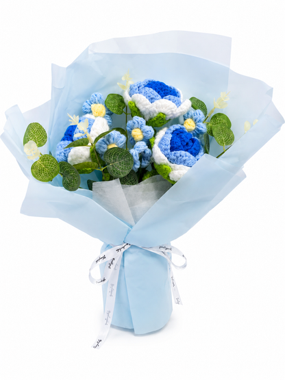 Handmade Crochet Blue Flower Bouquet with Ribbon