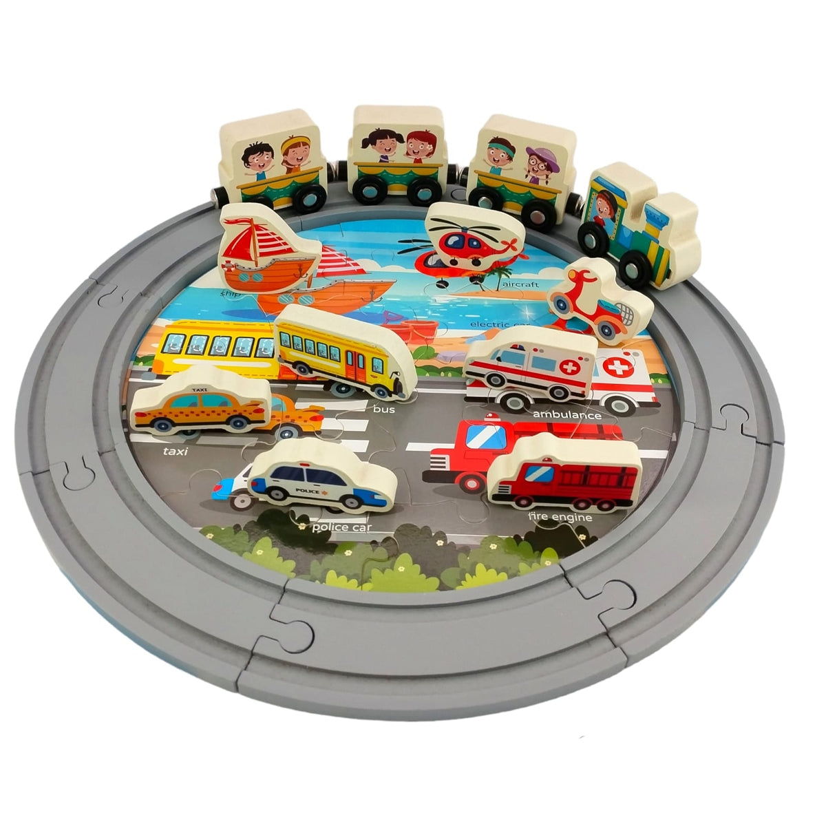 Traffic Rail Puzzle – 44 Pcs Wooden Track & Vehicle Set for Kids