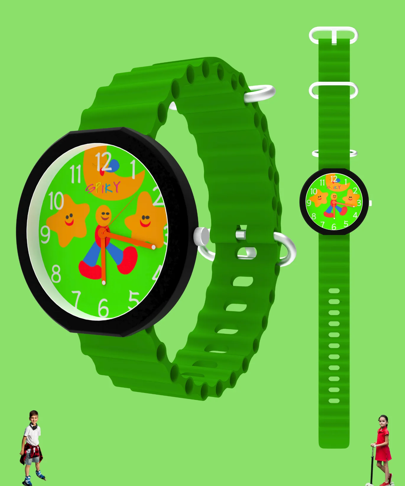 Spiky Round Analog Kids Watch with Star Moon Dial and Textured Strap