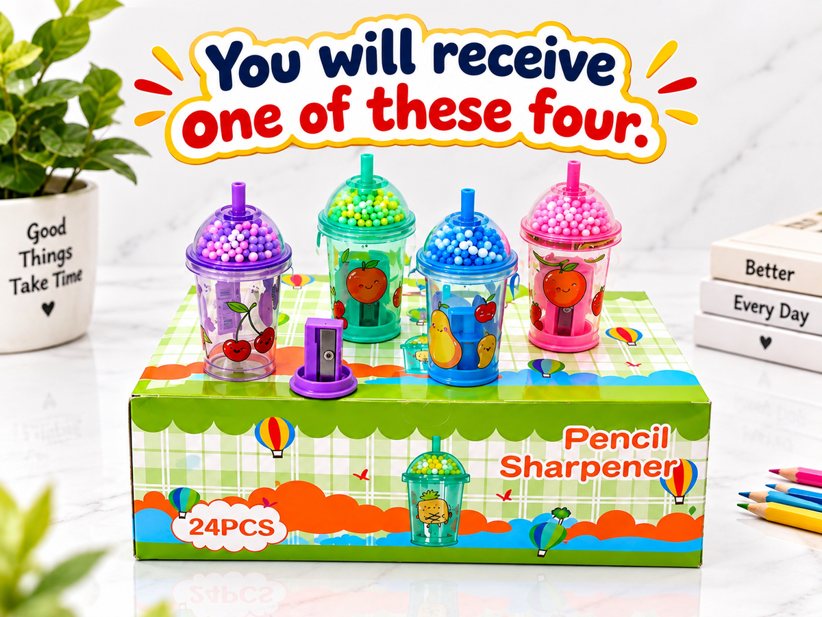Sipper-Shaped Pencil Sharpener with Fruit Design & Bead Cap