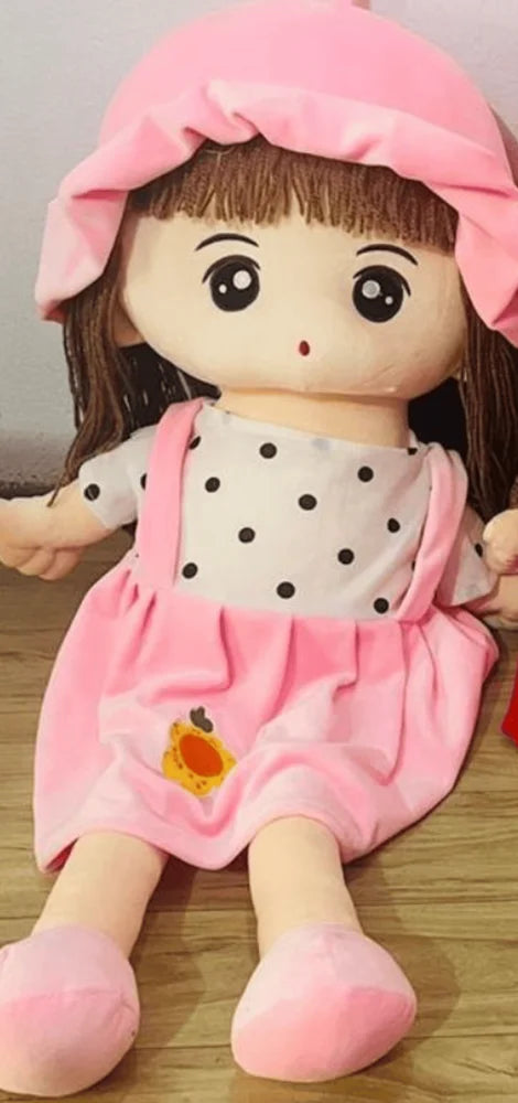 Cute Girl Plush Doll Soft Toy with Hat and Dungaree Dress