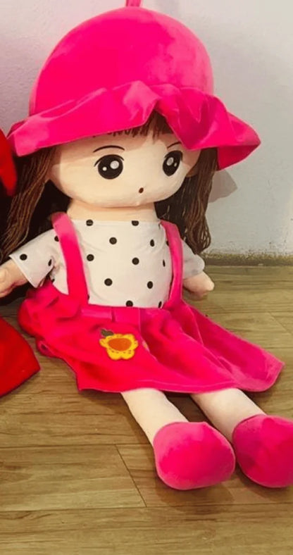 Cute Girl Plush Doll Soft Toy with Hat and Dungaree Dress