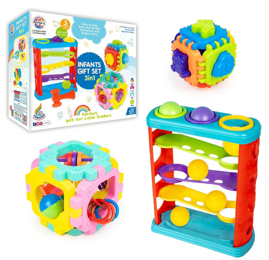Game Phactory Infants Gift Set 3 in 1 Containing Hammer Ball, Cubic Rattle & Nursery Cube Montessori Toys Preschool Learning for Infants & Toddlers