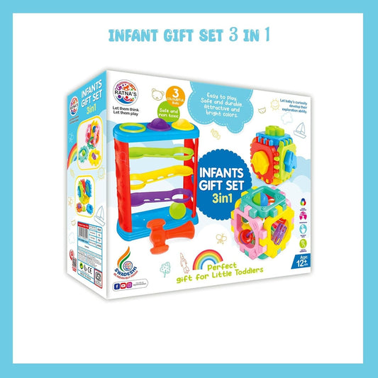 Game Phactory Infants Gift Set 3 in 1 Containing Hammer Ball, Cubic Rattle & Nursery Cube Montessori Toys Preschool Learning for Infants & Toddlers