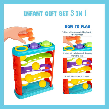 Game Phactory Infants Gift Set 3 in 1 Containing Hammer Ball, Cubic Rattle & Nursery Cube Montessori Toys Preschool Learning for Infants & Toddlers