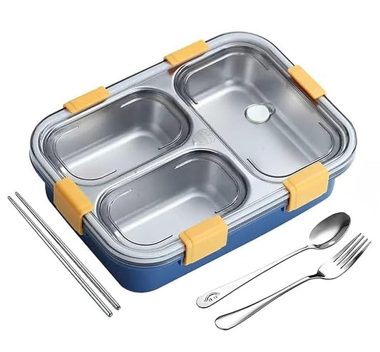 PRIME DEALS Lunch Box Sealed Leakage Proof Stainless Steel Lunch Box with Fork Chopstick&Spoon Lid Office Food Container for School Kids and Adults 750ml (Blue, 3 Compartment)