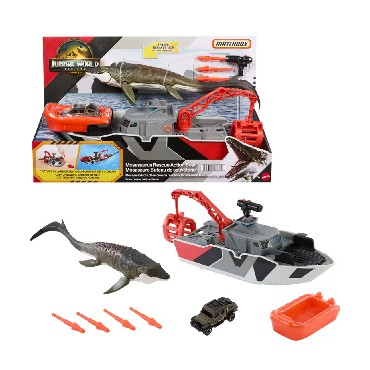 Matchbox Jurassic World Mosasaurus Rescue Action Boat Playset