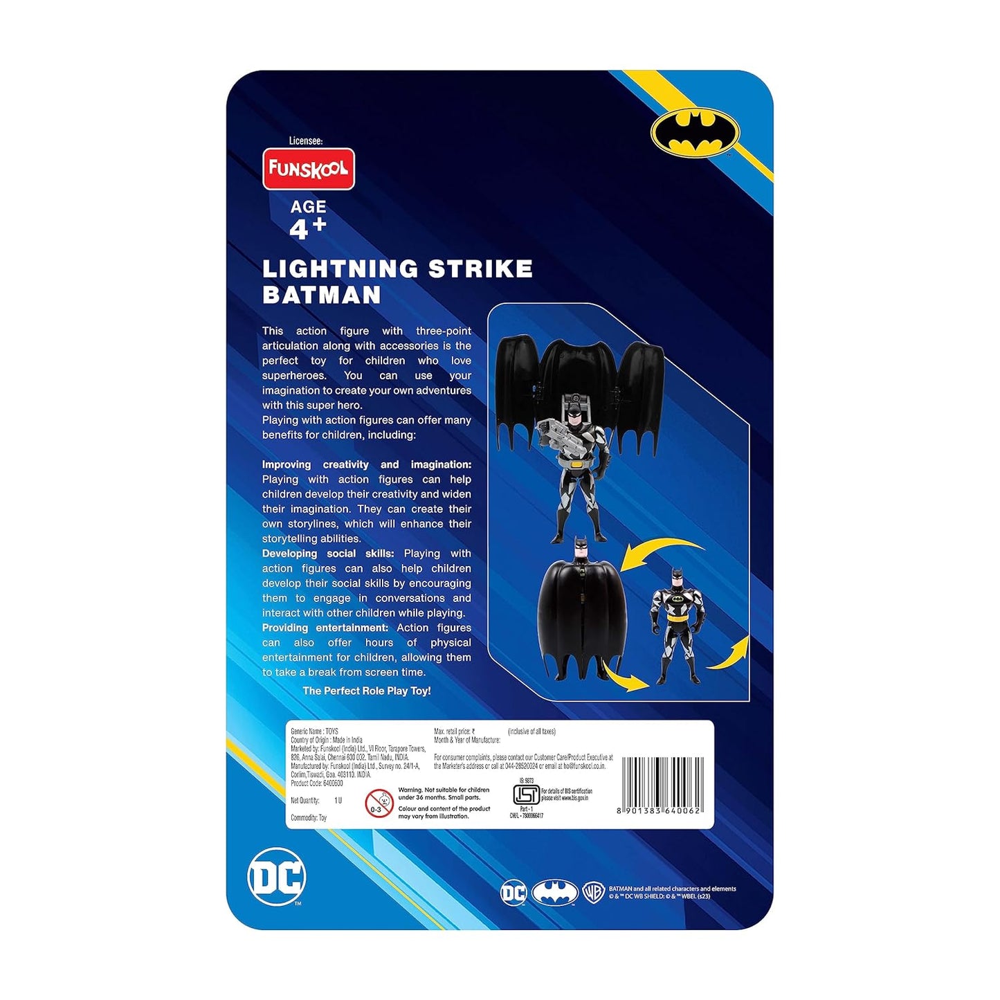 Funskool Lightning Strike Batman Action Figure Toy for Kid, 6 Inch, Classic DC Superhero with Articulation, Movie Inspired Collectible, Ideal Gift for Children, Toys for Kids, Ages 4+ Years