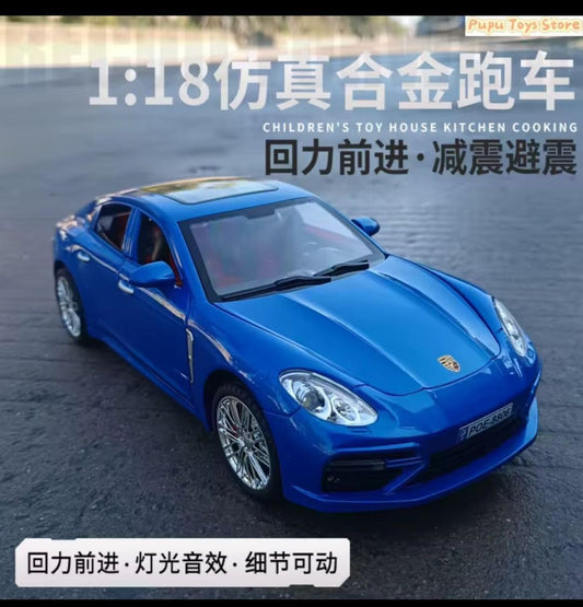 Die-Cast Porschee Panamerra Model Car, 1:18 Scale, Metallic Blue, Opening Doors and Hood
