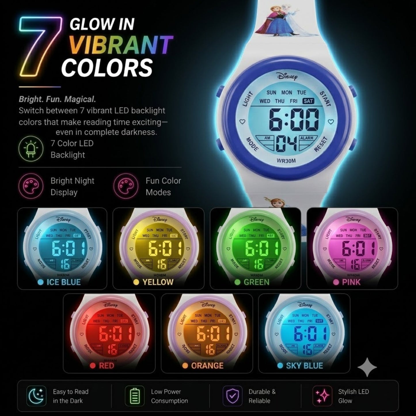 Spiky MB05 Frozen Theme Digital Kids Watch with 7-Color LED Backlight