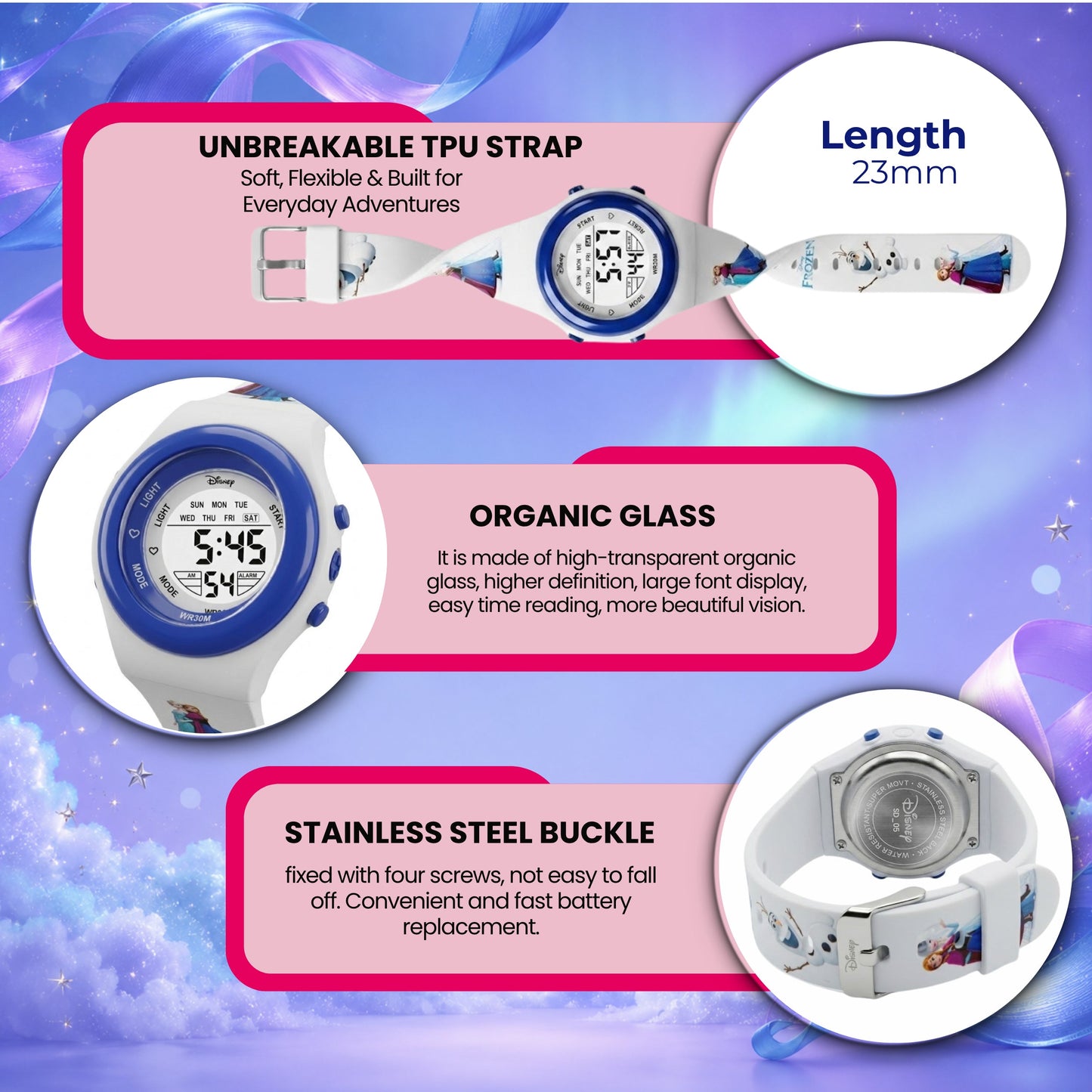 Spiky MB05 Frozen Theme Digital Kids Watch with 7-Color LED Backlight