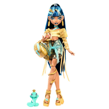 Monster High Cleo De Nile Doll in Golden Blouse and Layered Skirt, Includes Pet Cobra Hissette and Accessories Like a Backpack, Snack and Scroll