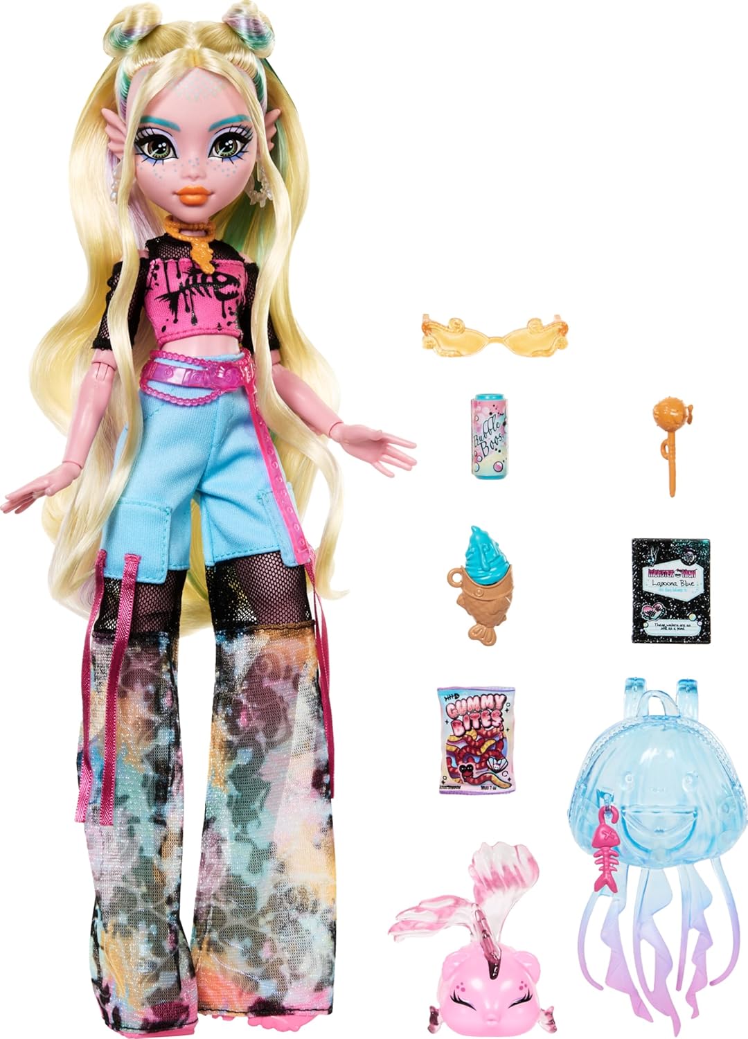 Monster High Cleo De Nile Doll in Golden Blouse and Layered Skirt, Includes Pet Cobra Hissette and Accessories Like a Backpack, Snack and Scroll