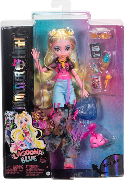 Monster High Cleo De Nile Doll in Golden Blouse and Layered Skirt, Includes Pet Cobra Hissette and Accessories Like a Backpack, Snack and Scroll