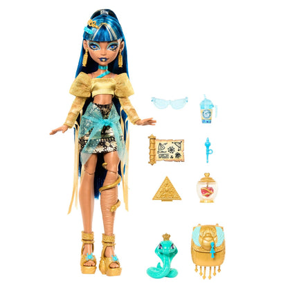 Monster High Cleo De Nile Doll in Golden Blouse and Layered Skirt, Includes Pet Cobra Hissette and Accessories Like a Backpack, Snack and Scroll