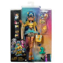 Monster High Cleo De Nile Doll in Golden Blouse and Layered Skirt, Includes Pet Cobra Hissette and Accessories Like a Backpack, Snack and Scroll