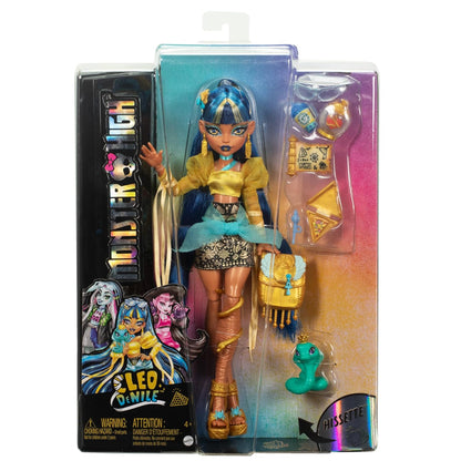 Monster High Cleo De Nile Doll in Golden Blouse and Layered Skirt, Includes Pet Cobra Hissette and Accessories Like a Backpack, Snack and Scroll