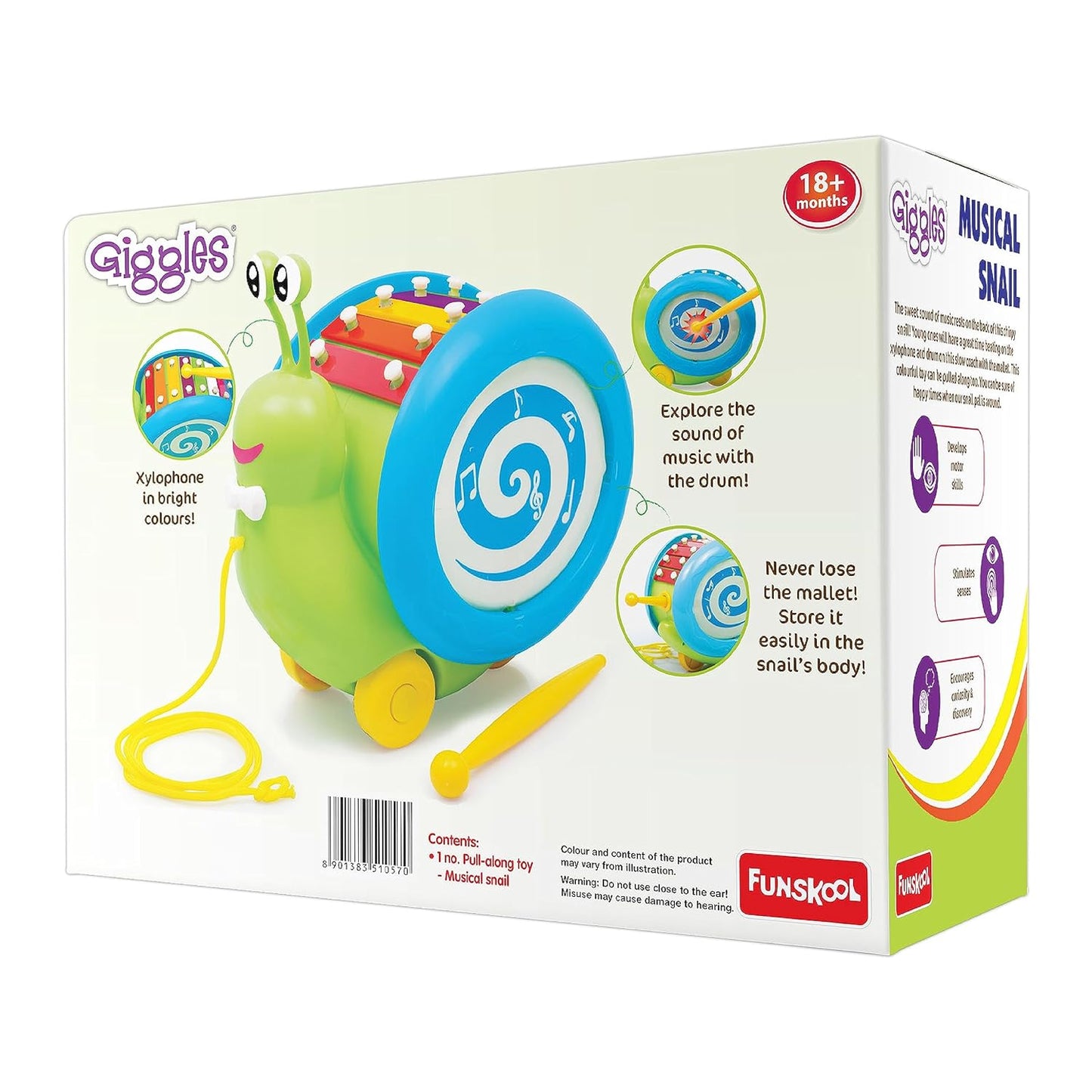 Giggles Funskool Pull Along Musical Snail, with Xylophone & Drum, Activity & Learning Toys for Babies, Toddlers, Encourage Walking, Improve Balance, Multicolour, Gift Set for Kids, Ages 12+ Months