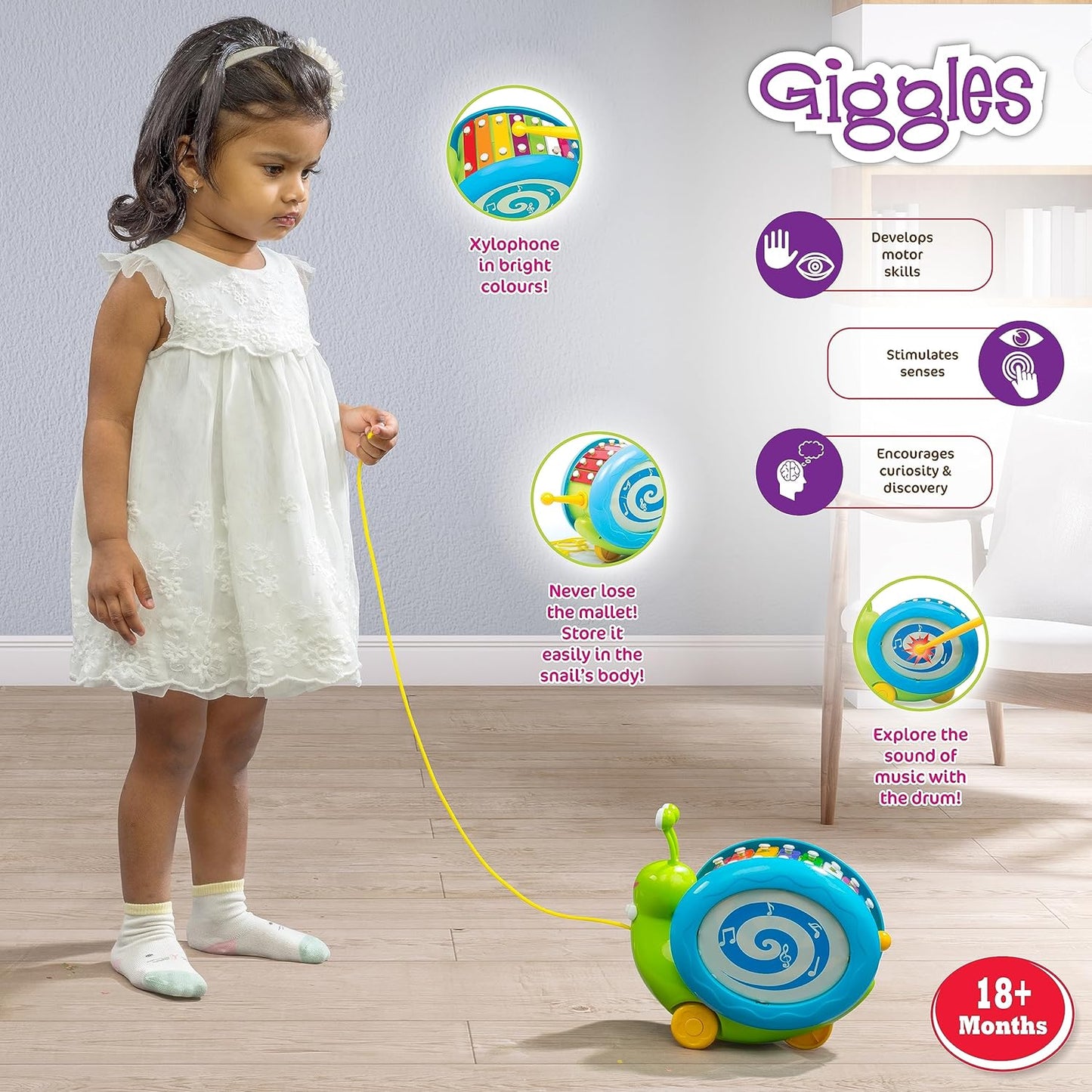 Giggles Funskool Pull Along Musical Snail, with Xylophone & Drum, Activity & Learning Toys for Babies, Toddlers, Encourage Walking, Improve Balance, Multicolour, Gift Set for Kids, Ages 12+ Months