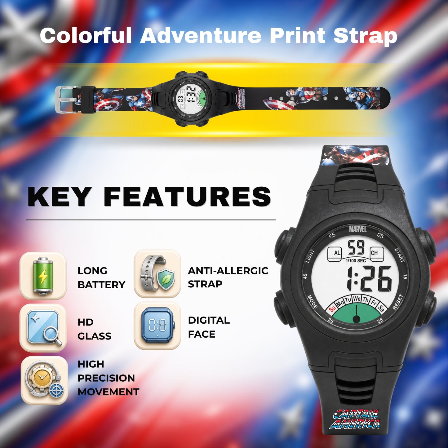 Spiky MV07 Captain America theme Digital Kids Watch