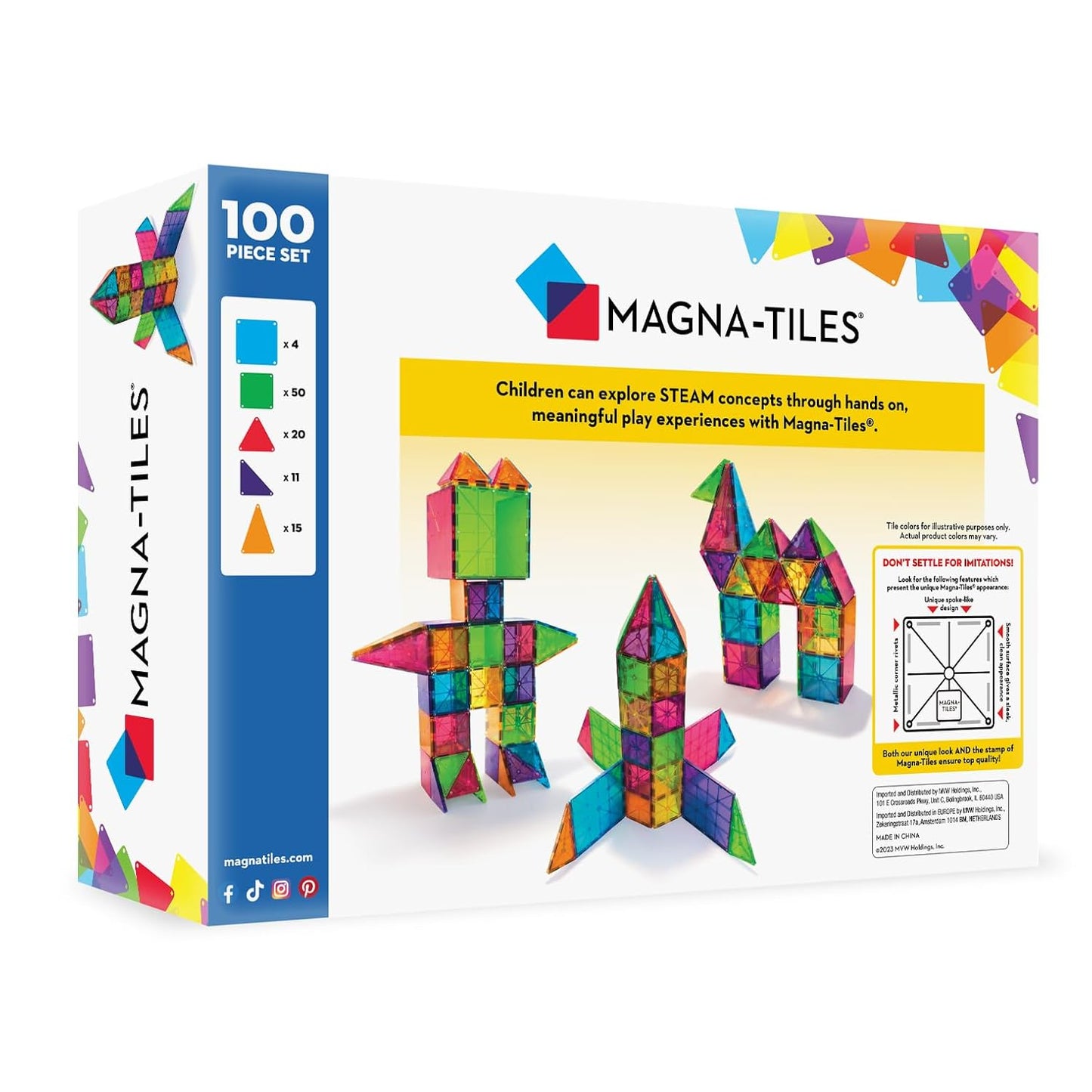 Magna-Tiles Magnetic Building Toys,Clear Colors Set,Multi Color (100 Pieces)