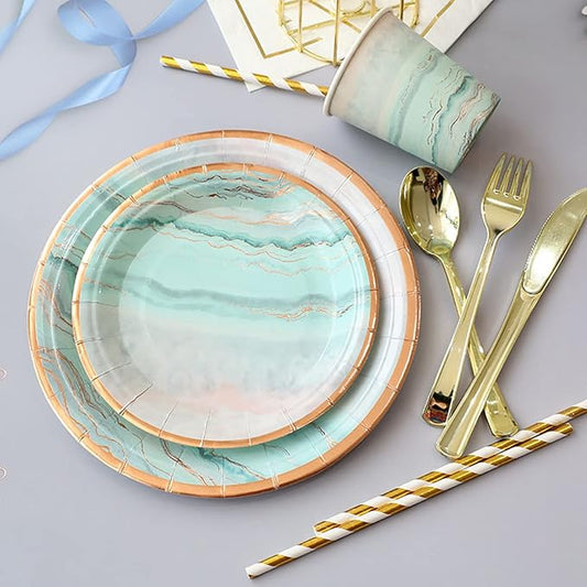 AM ANNA Disposable Paper Plates and Napkins Sets for 10 Guest-Party Supplies, Include Plates,Cups,Napkin for Baby Bridal Shower, Bachelorette Party Supplies (10 Guest Wedding Plates and Napkins)