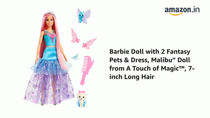 Barbie Doll with 2 Fantasy Pets & Dress, Malibu” Doll from A Touch of Magic™, 7-inch Long Hair