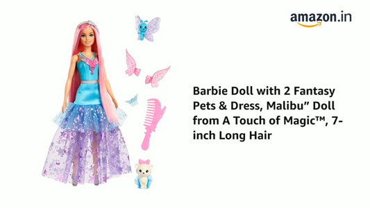 Barbie Doll with 2 Fantasy Pets & Dress, Malibu” Doll from A Touch of Magic™, 7-inch Long Hair