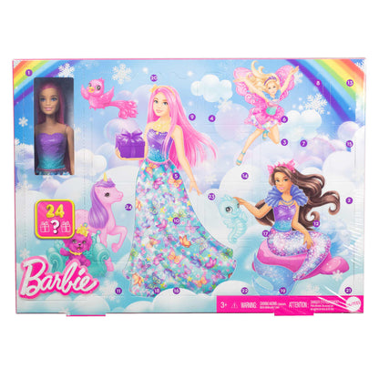 Barbie Advent calendar with doll and 24 surprise accessories with unicorn and 3 animals, fashionable pink hair doll can be turned into a mermaid, fairy and more, HRG90