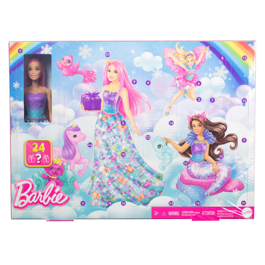 Barbie Advent calendar with doll and 24 surprise accessories with unicorn and 3 animals, fashionable pink hair doll can be turned into a mermaid, fairy and more, HRG90