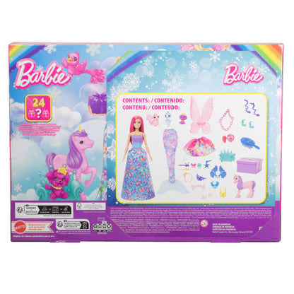 Barbie Advent calendar with doll and 24 surprise accessories with unicorn and 3 animals, fashionable pink hair doll can be turned into a mermaid, fairy and more, HRG90
