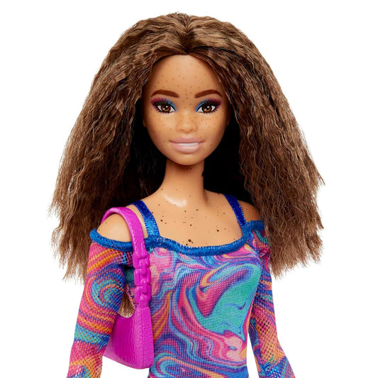 Barbie® Fashionistas™ Doll #206 with Crimped Hair and Freckles, Wearing Rainbow Marble-Print Dress with Green Mules and Purse