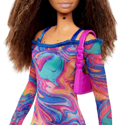Barbie® Fashionistas™ Doll #206 with Crimped Hair and Freckles, Wearing Rainbow Marble-Print Dress with Green Mules and Purse